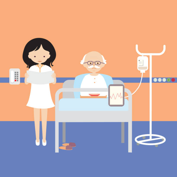 Old man lying in bed at hospital and having an intravenous infusion or injection or artificial nutrition, and woman doctor - vector
